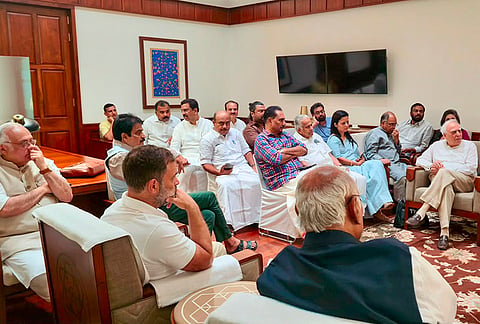 Lok Sabha LoP Rahul Gandhi, Rajya Sabha LoP Mallikarjun Kharge, Congress MP Jairam Ramesh and floor leaders of the INDIA alliance during a meeting, in New Delhi. 