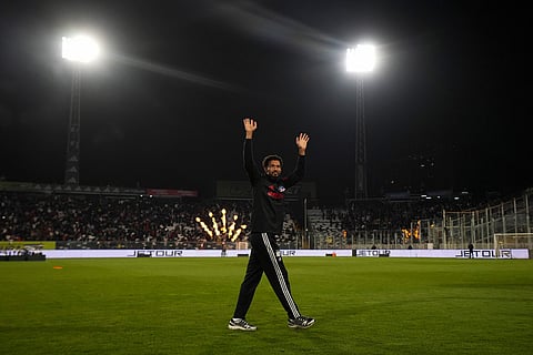 Cape Verde goalkeeper Vozinha acknowledges Colo Colo soccer fans at his welcoming event at the Monumental Stadium in Santiago, Chile.