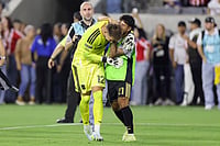 LAFC Vs Guadalajara, Leagues Cup 2026: Goalkeeper Hasal Shines As Los Angeles Outlast Chivas In Penalty Drama | Photo: AP/Ryan Sun : Los Angeles FC goalkeeper Thomas Hasal, left, celebrates with midfielder Ryan Raposo after the team's win against Chivas Guadalajara during a Leagues Cup soccer match in Los Angeles.
