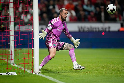 Stefan Frei goalkeeper of The United States Seattle Sounders FC eyes the ball during a Leagues Cup soccer match against Mexico's Toluca, in Toluca, Mexico.
