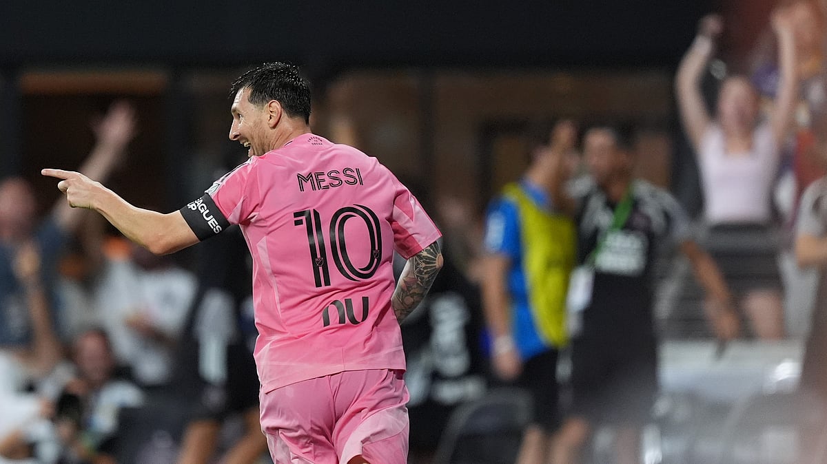 (AP Photo/Rebecca Blackwell) : Inter Miami forward Lionel Messi (10) celebrates after scoring his sides third goal during the first half of a Leagues Cup soccer match against Atletico de San Luis, Wednesday, Aug. 5, 2026, in Miami.