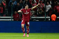 | Photo: AP/Eduardo Verdugo : Federico Viñas of Mexico's Toluca, right, celebrates scoring his side's 3rd goal against The United States Seattle Sounders FC during a Leagues Cup soccer match in Toluca, Mexico.