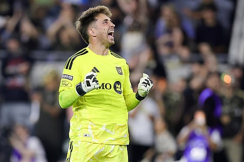 Los Angeles FC goalkeeper Thomas Hasal reacts after saving a penalty kick during a penalty shoot out against Chivas Guadalajara during a Leagues Cup soccer match in Los Angeles.