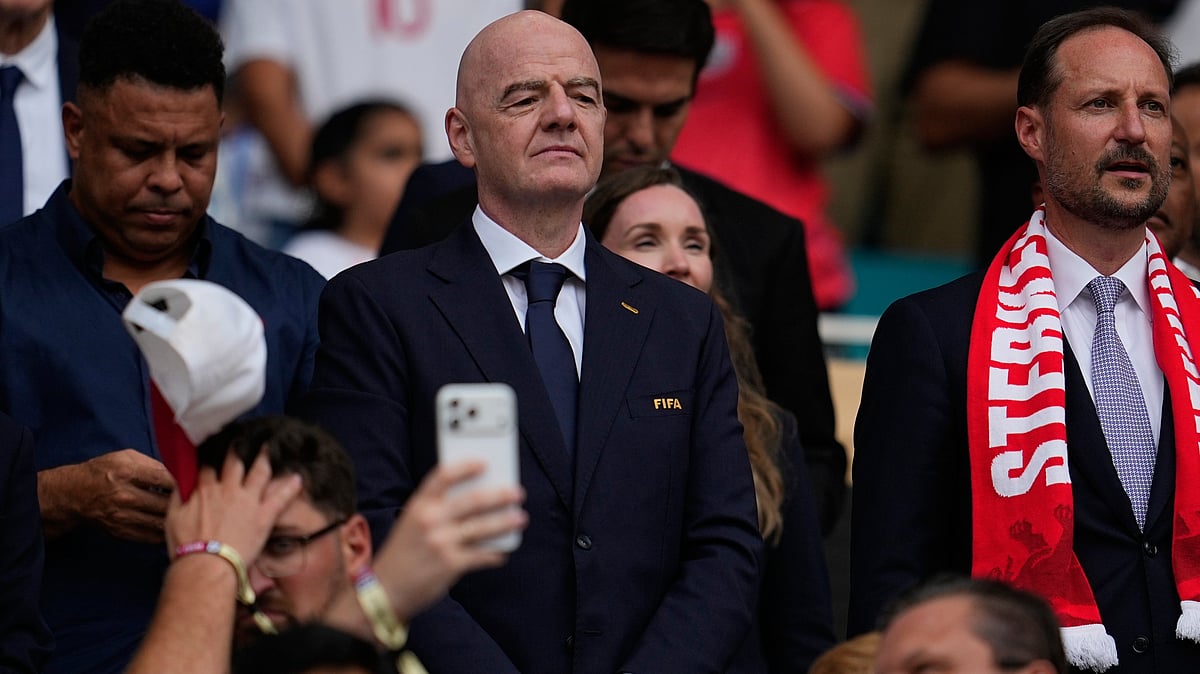 FIFA President Gianni Infantino attends the World Cup quarterfinal soccer match between Norway and England in Miami Gardens, Fla., Saturday, July 11, 2026.  - (AP Photo/George Walker IV)