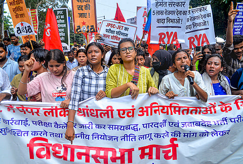 All India Student's Association (AISA) National President Neha Bora along with student demonstrators take out a protest march against the alleged irregularities of exams and paper leak of Jharkhand Public Service Commission (JPSC) and Jharkhand Staff Selection Commission (JSSC), in Ranchi.