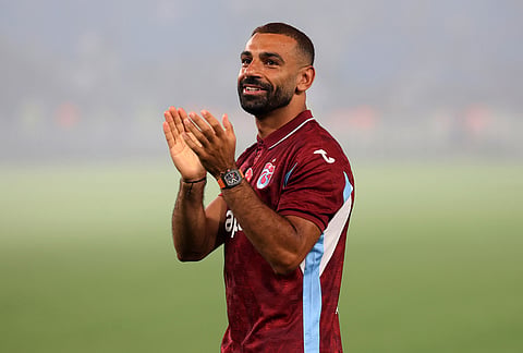 Egypt's Mohamed Salah applauds soccer fans during his official presentation as new Trabzonspor player, in Trabzon, Turkey, Thursday, Aug. 6, 2026. 