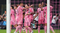 | Photo: AP/Rebecca Blackwell : Inter Miami forward Lionel Messi (10) celebrates with teammates after scoring his side's third goal during the first half of a Leagues Cup soccer match against Atletico de San Luis, Wednesday, Aug. 5, 2026, in Miami. 