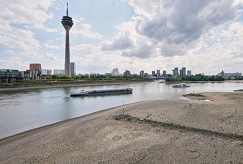 A lightly loaded tank ship travels on the Rhine river at low water levels caused by a heat wave and prolonged drought in Duesseldorf, Germany, Wednesday, Aug. 5, 2026. 