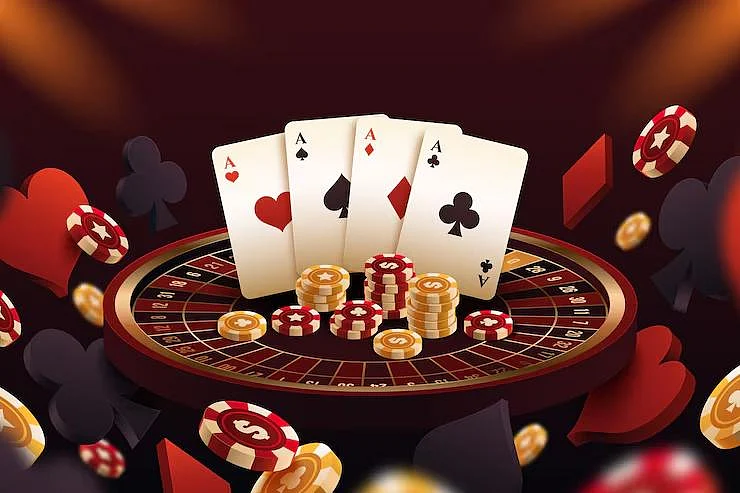 Casino roulette wheel with four aces and poker chips