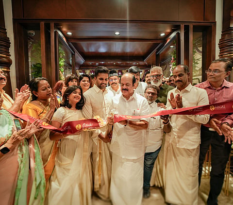 Hon'ble Speaker Thiru J.C.D. Prabhakar (Speaker, Tamil Nadu Legislative Assembly), Thiru V.M.S. Mustafa (MLA, Madurai Central Constituency), Thiru Sivadasan TK (Chairman, Regal Jewellers), Mr. Vibin Shivdas (Managing Director & CEO, Regal Jewellers), Mrs. Pallavi Namdev (Managing Director, Regal Jewellers), and Mr. Gopal M.K. (COO, Regal Jewellers).
