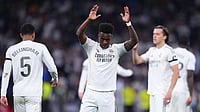 Photo: AP/Manu Fernandez : Real Madrid's Vinicius Junior reacts after scoring during a La Liga soccer match between Real Madrid and Alaves in Madrid, Spain.