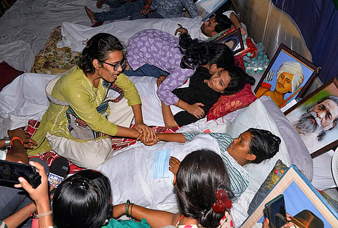 All India Student's Association (AISA) National President Neha Bora meets the student demonstrators who are in indefinite hunger strike during a protest against the alleged irregularities of exams and paper leak of Jharkhand Public Service Commission (JPSC) and Jharkhand Staff Selection Commission (JSSC), in Ranchi.