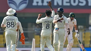 | Photo: AP/Anupam Nath : India's Ravindra Jadeja, centre, celebrates with teammates after the dismissal of South Africa's Aiden Markram on the fourth day of the second cricket test match between India and South Africa in Guwahati.