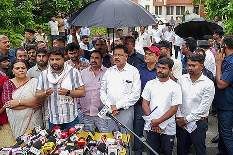 Members of the Jharkhand ministerial committee, including Ministers Deepika Pandey Singh, Sudivya Kumar Sonu and others, address the media alongside student organization representatives after a high-level meeting regarding JPSC and JSSC examination concerns, in Ranchi, Jharkhand.