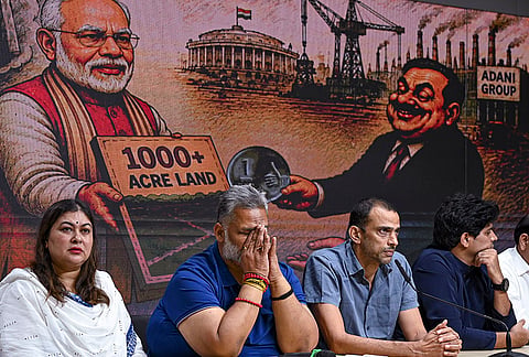 AICC Spokesperson Ragini Nayak, left, Bihar party in-charge Krishna Allavaru, second right, party MP Imran Pratapgarhi, right, and Independent MP Rajesh Ranjan, second left, address a press conference, at party headquarters in New Delhi.