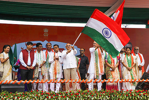 Gujarat Chief Minister Bhupendra Patel along with state BJP President Jagdish Vishwakarma flag off the 'Tiranga Yatra' ahead of Independence Day, in Gandhinagar.