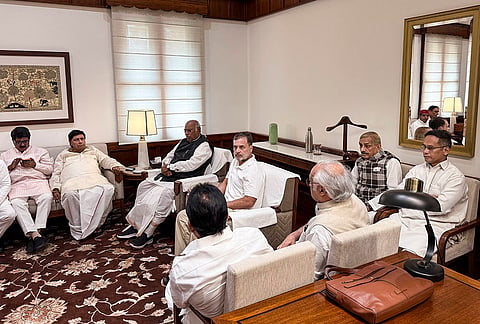 Leader of Opposition in Lok Sabha Rahul Gandhi and AICC President Mallikarjun Kharge and others during the opposition Floor Leaders meeting, at Parliament House Complex, in New Delhi. 
