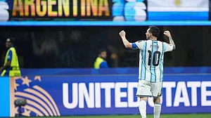| Photo: AP/Jacob Kupferman : Argentina's Lionel Messi (10) celebrates his side's second goal during the World Cup round of 16 soccer match between Argentina and Egypt in Atlanta.