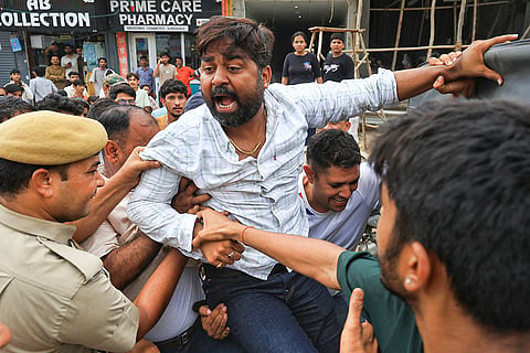 Students and people stage a protest demanding justice for Prince Soni, a 17-year-old Class 12 student who died under suspicious circumstances at his school at Jhotwara, in Jaipur, Rajasthan. Prince died under suspicious circumstances, with his family claiming he collapsed allegedly after consuming food from the school canteen in the Jhotwara area of the district, officials said on Thursday.