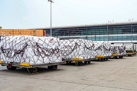 In this image posted on Aug. 14, 2026, India dispatches the first tranche of the 20 metric ton of relief supplies to Colombia to support ongoing post-earthquake recovery efforts, in New Delhi.