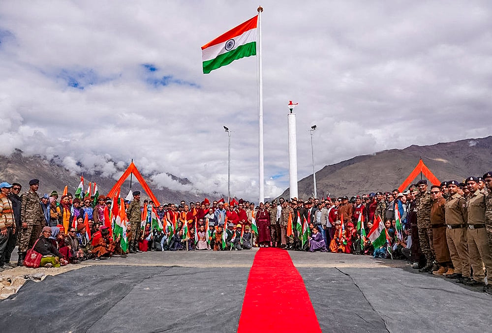Installation of National Flag on the eve of I-Day at Padum