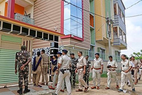 Personnel from the Special Task Force (STF) of West Bengal Police conduct a raid and search operation at the residence of Mintu Sekh alias Md. Samsul Alam, brother-in-law of absconding stone quarry owner Tulu Mondal, in connection with an illegal wealth linked case, at Rabindra Bithi area of Bolpur, in Birbhum district.
