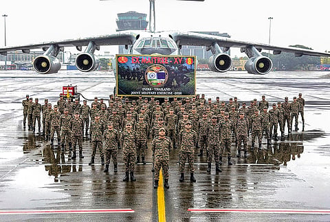 Personnel of the Indian Army contingent pose for a group photograph in front of an Indian Air Force aircraft before departing for Thailand to participate in the 15th edition of the India-Thailand Joint Military Exercise 'MAITREE-XV' (2026). The 85-member contingent, primarily comprising troops from the 9 Gorkha Rifles, will participate in company-level joint training at Vibhavadi Rangsit Camp in Surat Thani, Thailand. 