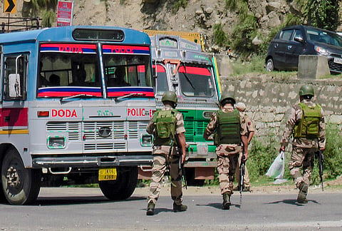 CISF and Jammu & Kashmir Police personnel step up vigilance, conducting thorough checking and surveillance at a transit checkpoint, in Doda district. Security measures across the region have been significantly intensified following a joint Cordon-and-Search Operation (CASO) launched in the neighboring Ramnagar area of Udhampur. 