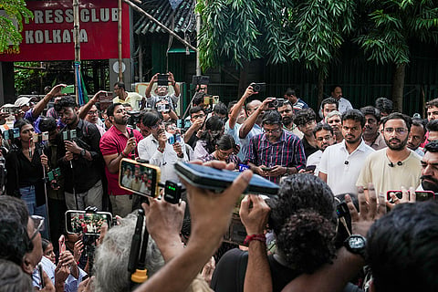Cockroach Janta Party (CJP) national spokesperson and co-convener Ashutosh Ranka addresses a press conference outside the Press Club of Kolkata, in Kolkata, West Bengal.