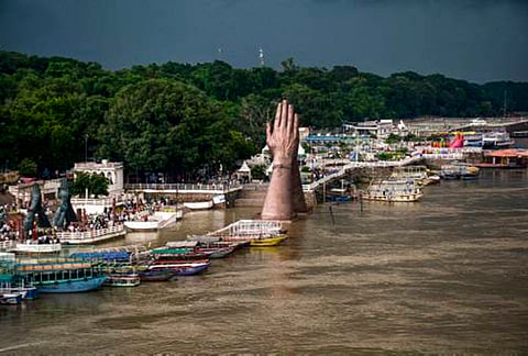 A swollen Ganga river at Namo Ghat as the water level rises following heavy rainfall, in Varanasi, Uttar Pradesh.