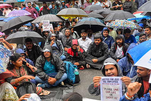 Successful JSSC-CGL candidates, appointed in various Jharkhand government departments, stage a protest as they block the main gate of the state secretariat, Project Bhawan, in Ranchi. Over 2,000 candidates who cleared the Jharkhand Staff Selection Commission-Combined Graduate Level examination fear losing their jobs after the state government on Monday night announced cancelling the JSSC-CGL exam. 