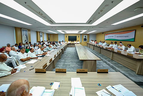 Congress leadership attending the Congress Working Committee (CWC) meeting at the AICC headquarters, in New Delhi. The meeting focused on regional organizational strategies for the upcoming assembly polls. 