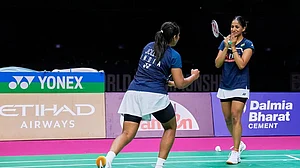 | Photo: AP/Manish Swarup : India's Treesa Jolly, left, and Gayatri Gopichand Pullela react after winning against China's Jia Yi Fan and Zhang Shu Xian in their quarter final match of the Badminton World Championships in New Delhi, India, Friday, Aug. 21, 2026.