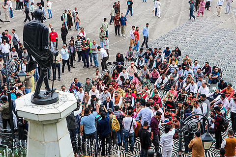 Leader of Opposition in the Himachal Pradesh Legislative Assembly Jairam Thakur along with BJP members stage a protest against the Congress party in front of Mahatma Gandhi statue at Ridge Maidan, in Shimla.
