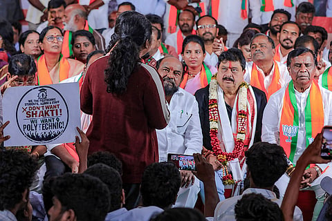 Telangana BJP President N Ramchander Rao stages a two-day hunger strike at the BJP state office, demanding the release of pending fee reimbursement dues under the 'Feesula Bakai – BJP Ladayi' (Fee Arrears – BJP Fight) campaign, at Nampally, in Hyderabad.