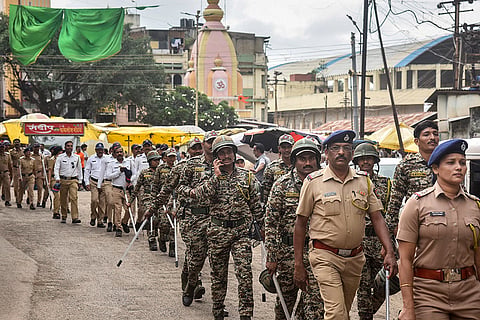 Security personnel route march ahead of  Eid-e-Milad festival, in Karad, Maharashtra.