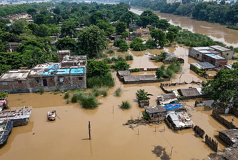 An aerial view of the Bind Toli area shows extensive flooding following a rise in the water level of the Ganga river, in Patna, Bihar.