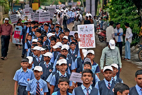 Students hold placards as they take part in an anti-drug awareness rally, in Sangli, Maharashtra.