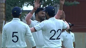 BCCIdomestic/X : East Zone cricketers celebrating with Abhijit Sarkar after a NorthEast Zone wicket in the Duleep Trophy 2026 quarter-finals.