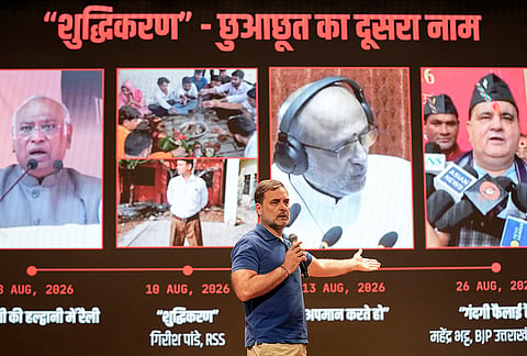Leader of Opposition in the Lok Sabha, Rahul Gandhi, addresses a press conference at Indira Bhawan, in New Delhi.