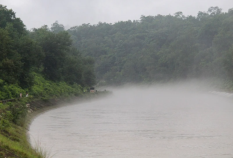 Mist rises over the Ganga after rainfall in Rishikesh
