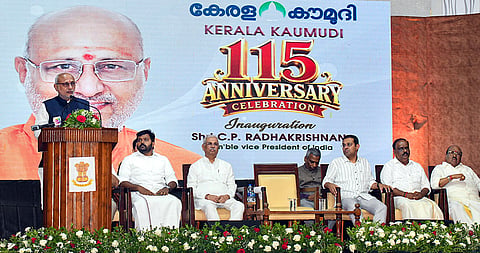 Vice President C P Radhakrishnan speaks during the 115th anniversary celebration of Malayalam daily 'Kerala Kaumudi', in Alappuzha. Keralam Governor Rajendra Arlekar, third left, Higher Education Minister Roji M John, third right, and SNDP Yogam general secretary Vellappally Natesan, right, are also seen. 