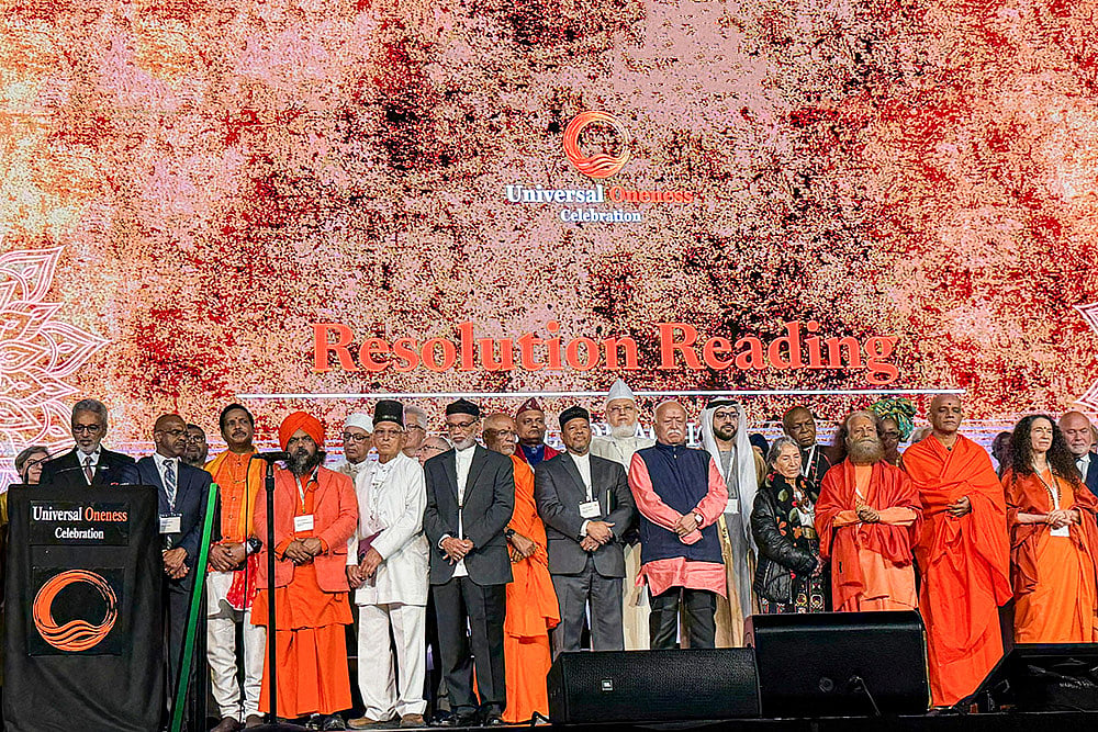 In this image posted on Aug. 30, 2026, RSS chief Mohan Bhagwat, Parmarth Niketan President Swami Chidanand Saraswati, Divine Shakti Foundation President Sadhvi Bhagawati Saraswati and others during the Universal Oneness celebration, at New York’s Madison Square Garden. - | Photo: @ParmarthNiketan/X via PTI