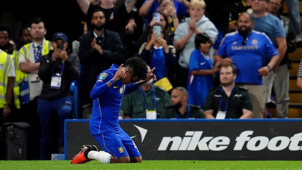Chelsea's Estevao celebrates scoring during the League Cup soccer match between Chelsea and Luton Town in London. - Adam Davy/AP Photo