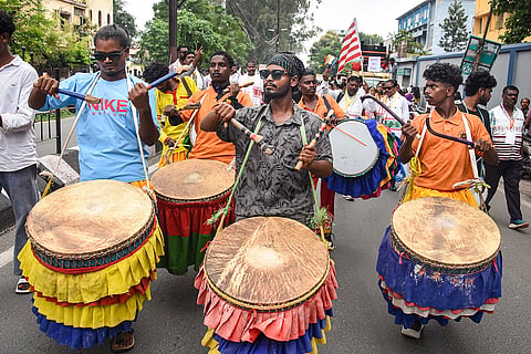 Tribals play the 'nagada' during the 'Adivasi Ekta Mahajutan' protest rally against the Mines and Minerals (Development and Regulation) Amendment Bill, 2026 and the proposed delimitation exercise, in Ranchi, Jharkhand.