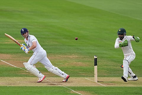England's Harry Brook bats on day three of the second cricket test match between England and Pakistan in London.
