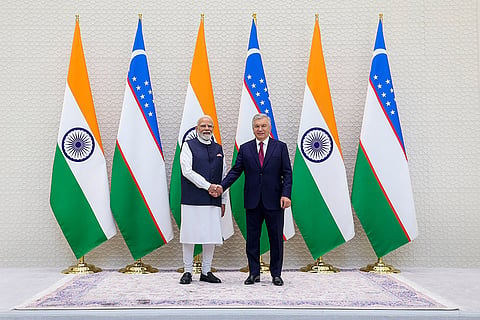 In this image released on Aug. 30, 2026, Prime Minister Narendra Modi attends the delegation-level talks with Uzbekistan President Shavkat Mirziyoyev, at the Kuksaroy Presidential Palace in Tashkent, Uzbekistan.