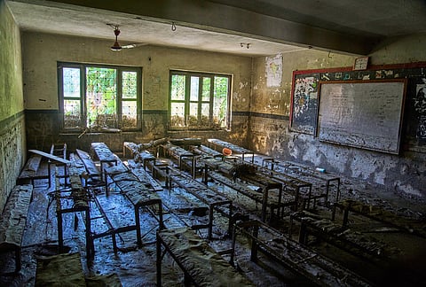 Mud covers a classroom at the Shree Bagheswori Madhyamik School, damaged in flash flooding in Galchhi, Dhading district of Nepal, Sunday, Aug. 30, 2026. 