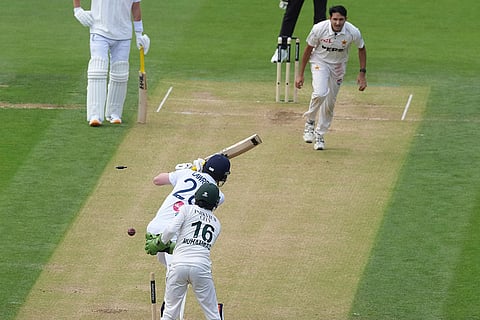 England's Dan Lawrence is bowled out by Pakistan's Mohammad Abbas on day four of the second cricket test match between England and Pakistan in London.