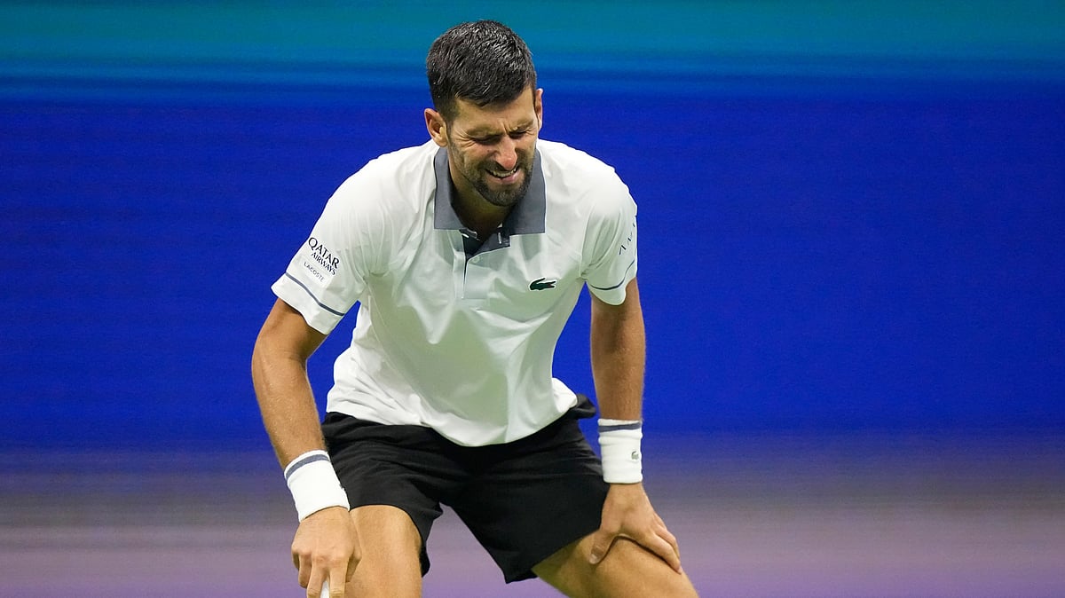 Novak Djokovic, of Serbia, reacts during the first round of the U.S. Open tennis championships against Mariano Navone, of Argentina, Sunday, Aug. 30, 2026, in New York - (AP Photo/Frank Franklin II)